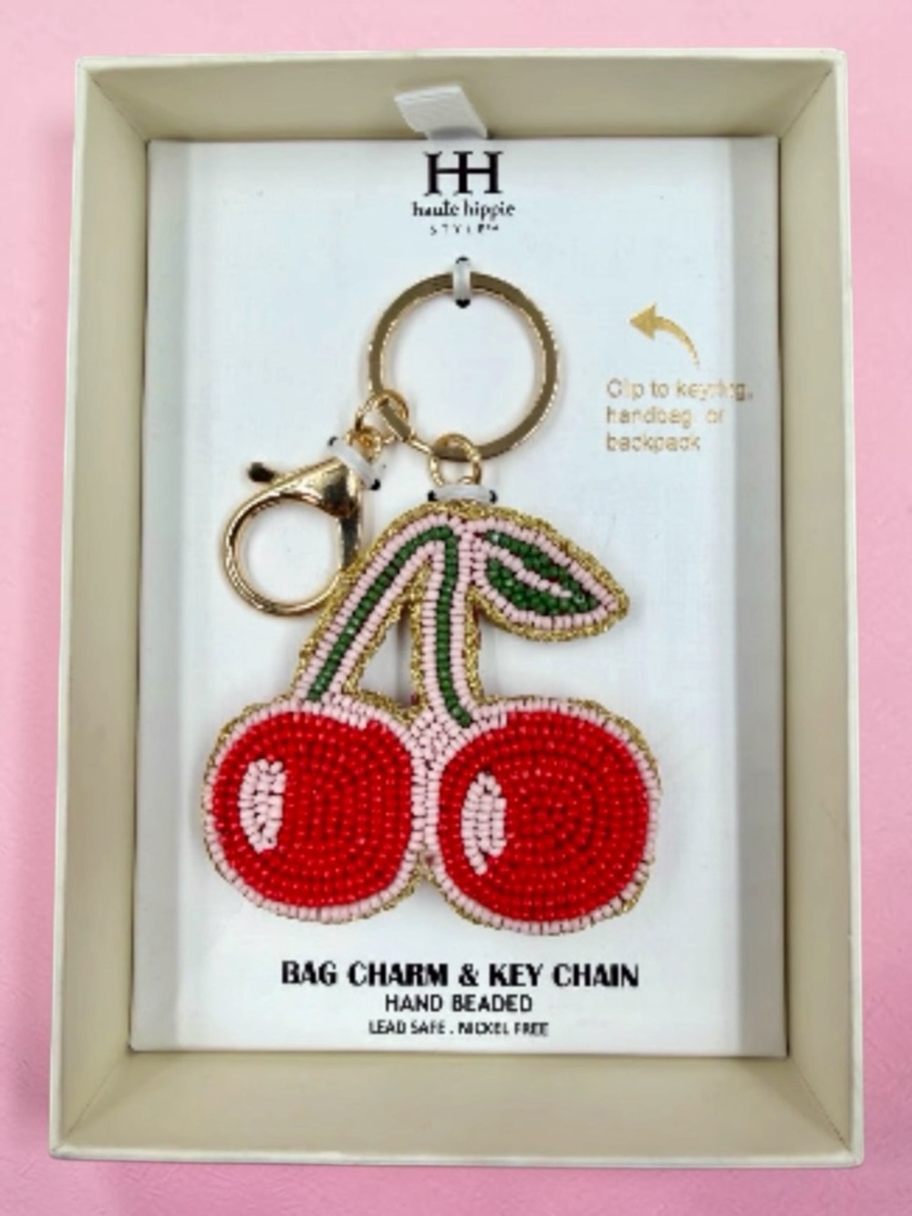 Haute Hippie Cherry Key Holder - Red & Green Hand Beaded In Gift Box NWT - Picture 10 of 13